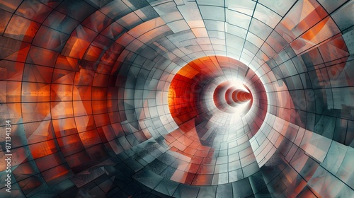 Abstract three dimensional rendering of geometric surfaces lines and points in a tunnel like grid