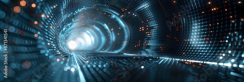 Abstract three dimensional rendering of geometric surfaces lines and points in a tunnel like grid