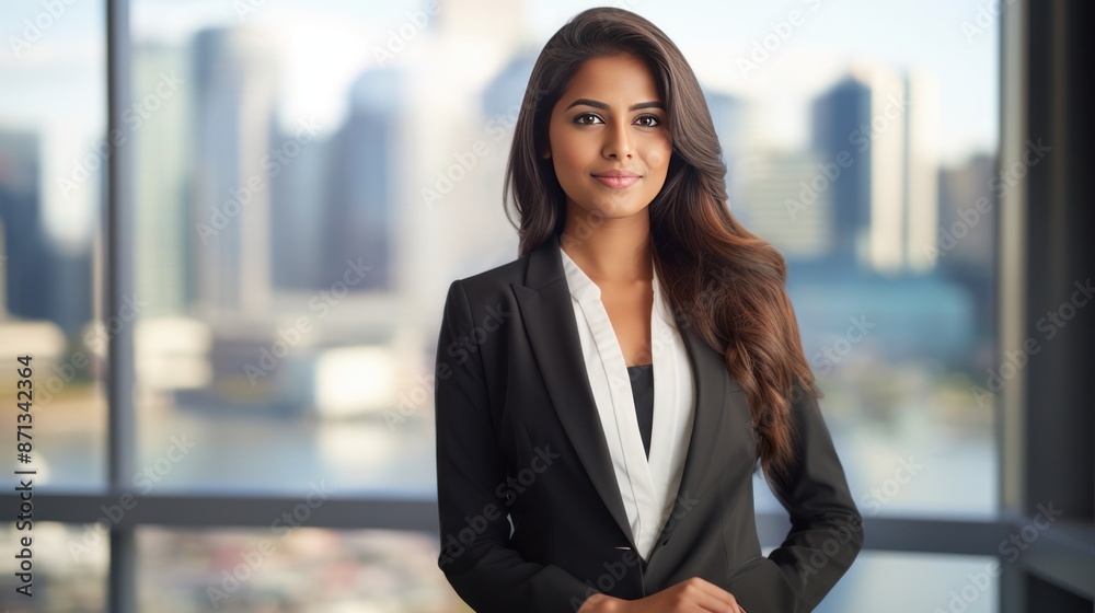 Confident Indian businesswoman in modern office with city skyline Confident Indian businesswoman in modern office with city skyline