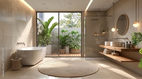 Beige bathroom interior with shower, accessories and panoramic window