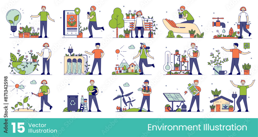The concept of eco-friendliness has been established. Environment, eco-friendly concern for environmental sustainability. Environmentally friendly activities, energy, transportation. Flat vector illus