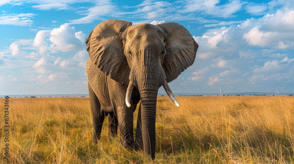 Fototapeta premium Majestic African elephant standing in a grassy savannah under a blue sky, showcasing the beauty and grandeur of wildlife