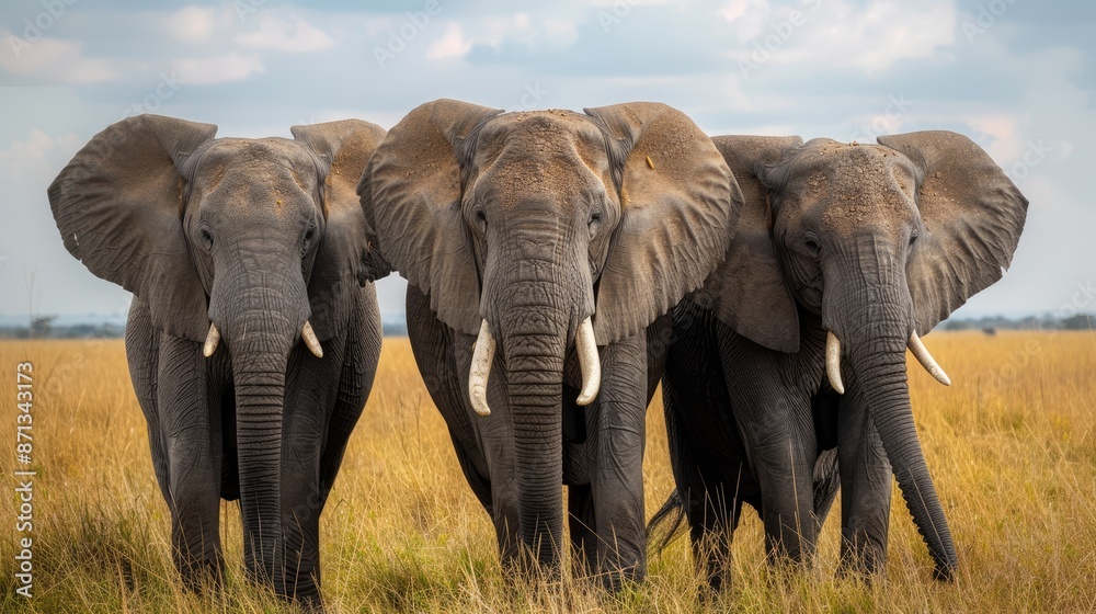 Fototapeta premium Three elephants standing close together in a grassy savanna with a clear blue sky in the background