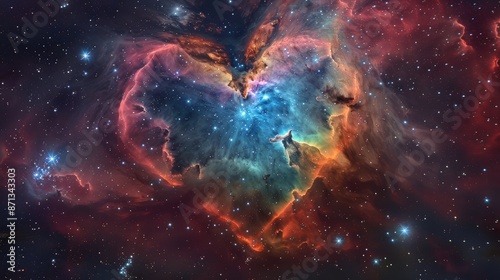 Heart-shaped nebula in deep space with vibrant colors and stars, symbolizing cosmic love and wonder photo