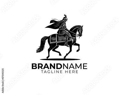 woodcut linocut engraving black ink print style logo of black knight in his iron full body armour riding his black horse