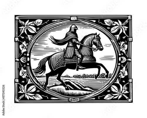 black knight riding horse in frame with old engraving etching woodcut vector style, retro vintage illustration