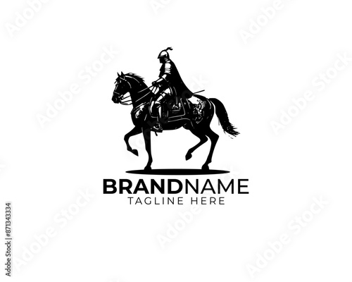 woodcut linocut engraving black ink print style logo of black knight in his iron full body armour riding his black horse