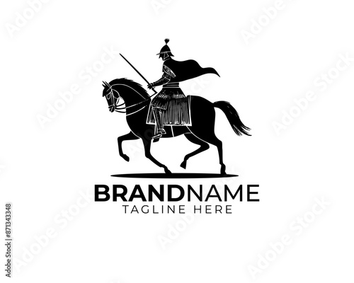 woodcut linocut engraving black ink print style logo of black knight in his iron full body armour riding his black horse