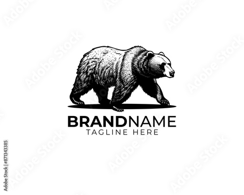woodcut linocut engraving black ink print style logo of walking grizzly bear