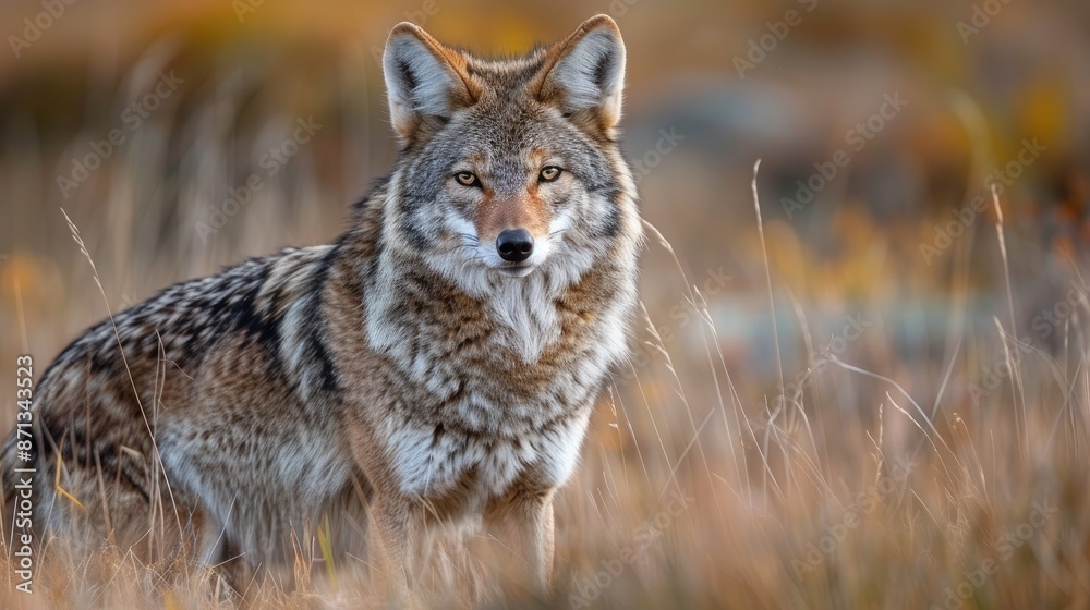 A lone coyote standing in tall grasses, gazing intently, embodying the spirit of wilderness and natural beauty A lone coyote standing in tall grasses, gazing intently, embodying the spirit of wilderness and natural beauty