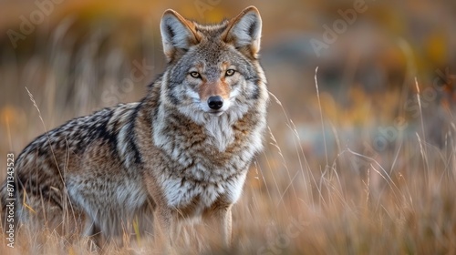 A lone coyote standing in tall grasses, gazing intently, embodying the spirit of wilderness and natural beauty