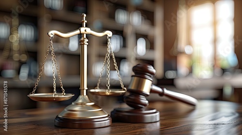 A gavel and scales of justice in a law office, representing the legal system, judgement, and fairness