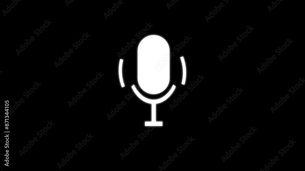 white microphone icon with radio waves animated on a black background. white microphone icon with radio waves animated on a black background.