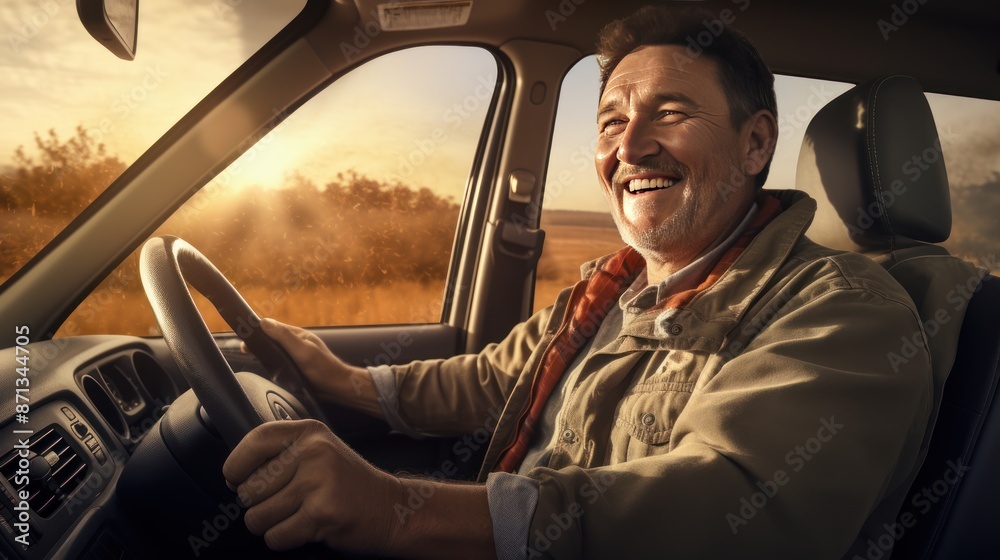 Middle-aged man in casual attire joyfully driving Middle-aged man in casual attire joyfully driving