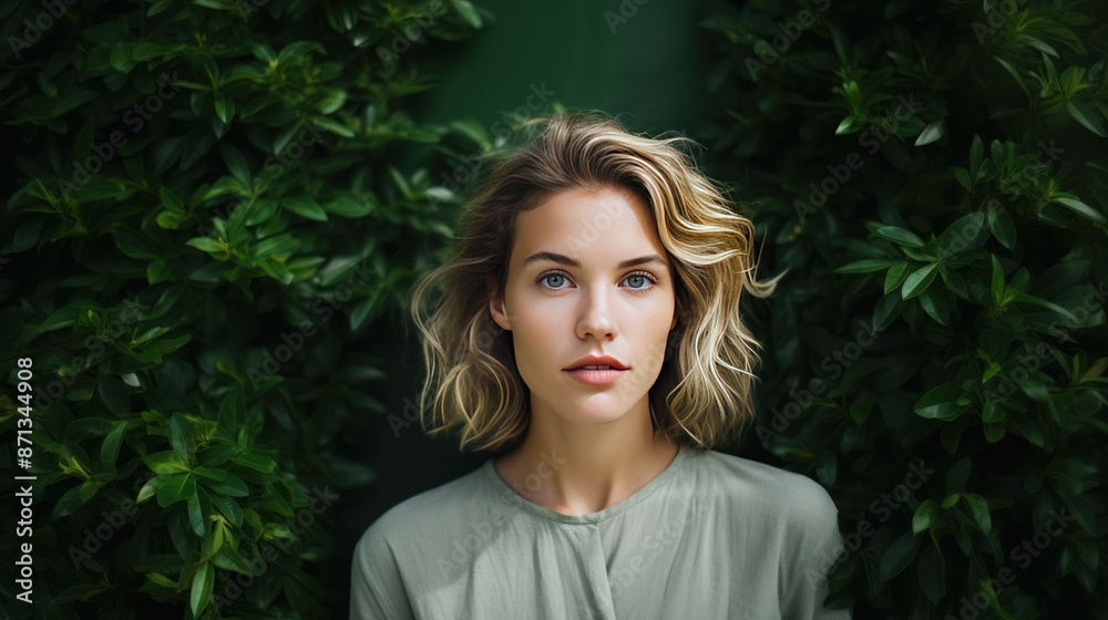 Portrait of relaxed and confident woman with background of green leaves Portrait of relaxed and confident woman with background of green leaves