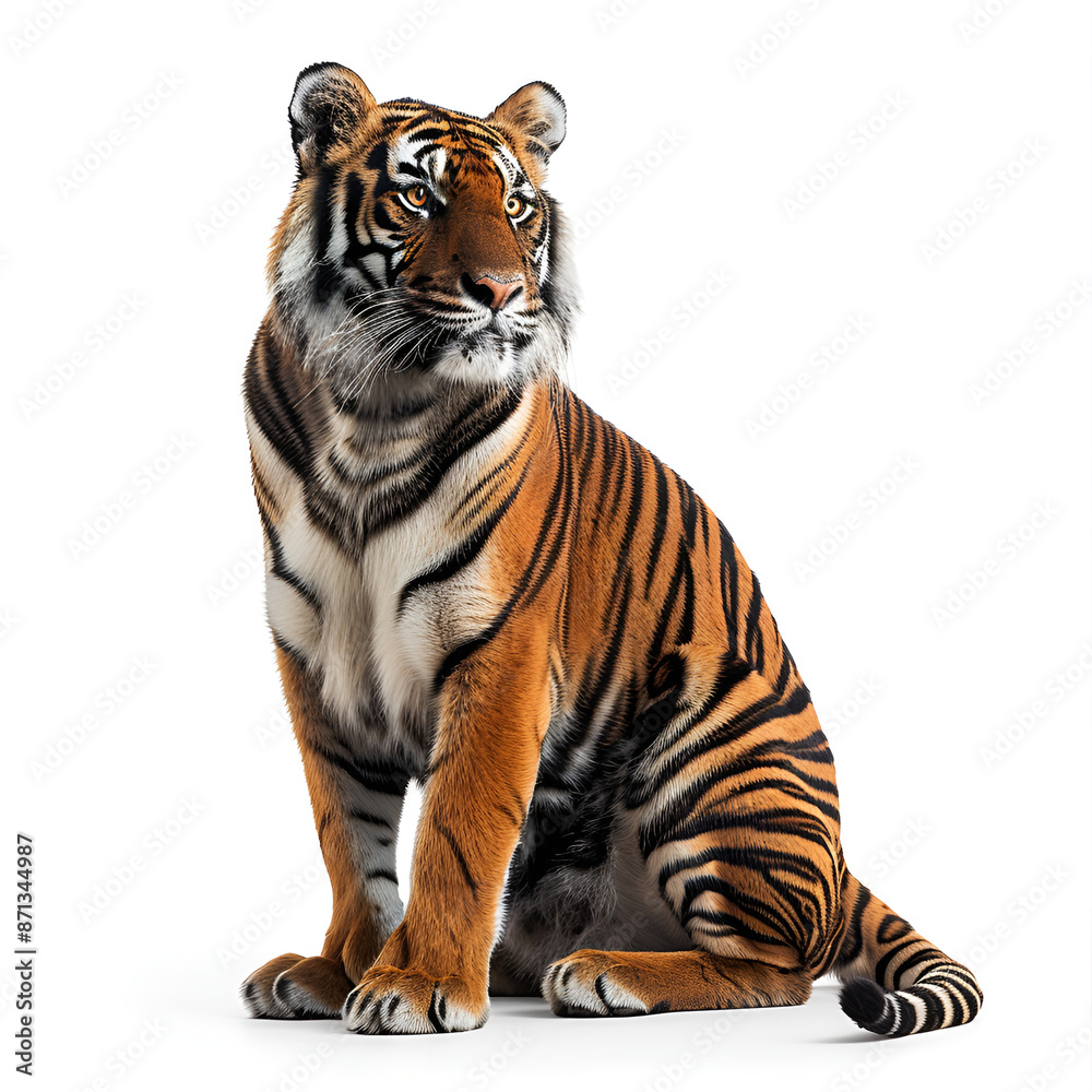 Obraz premium A majestic tiger sitting gracefully in front of a plain white background.