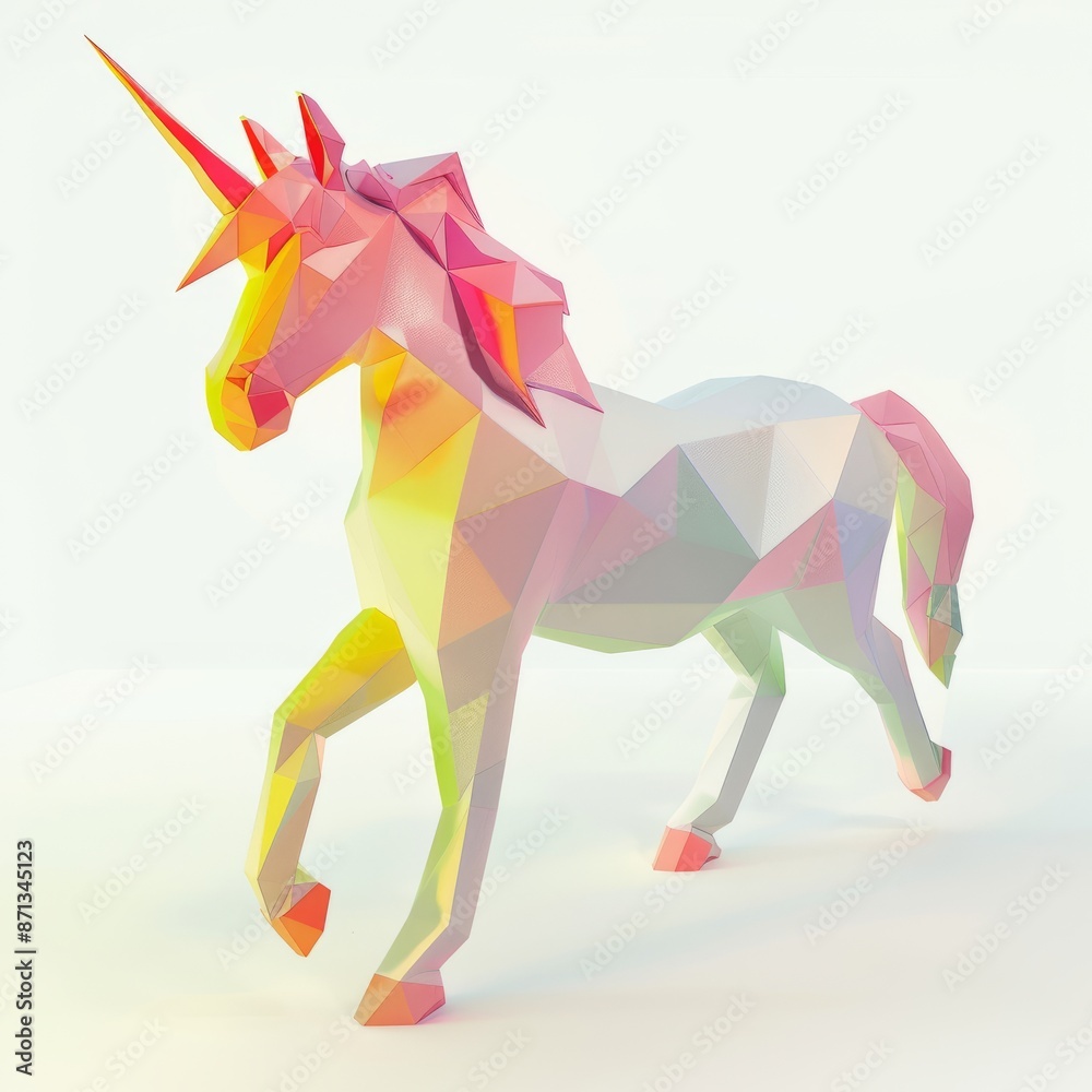Obraz premium 3D Render, Low Poly style of a mystical stop motion unicorn, on isolated white background, Generative AI