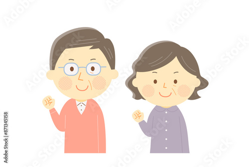 ガッツポーズをするシニアの夫婦　ベクター　イラスト