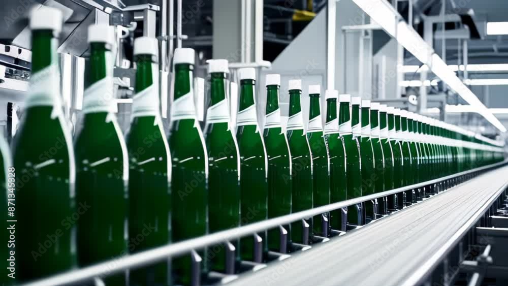 Bottling Line. Brewing technology. Bottles Moving on Conveyor Belt at Bottle Factory. bottles are moving along the conveyor
