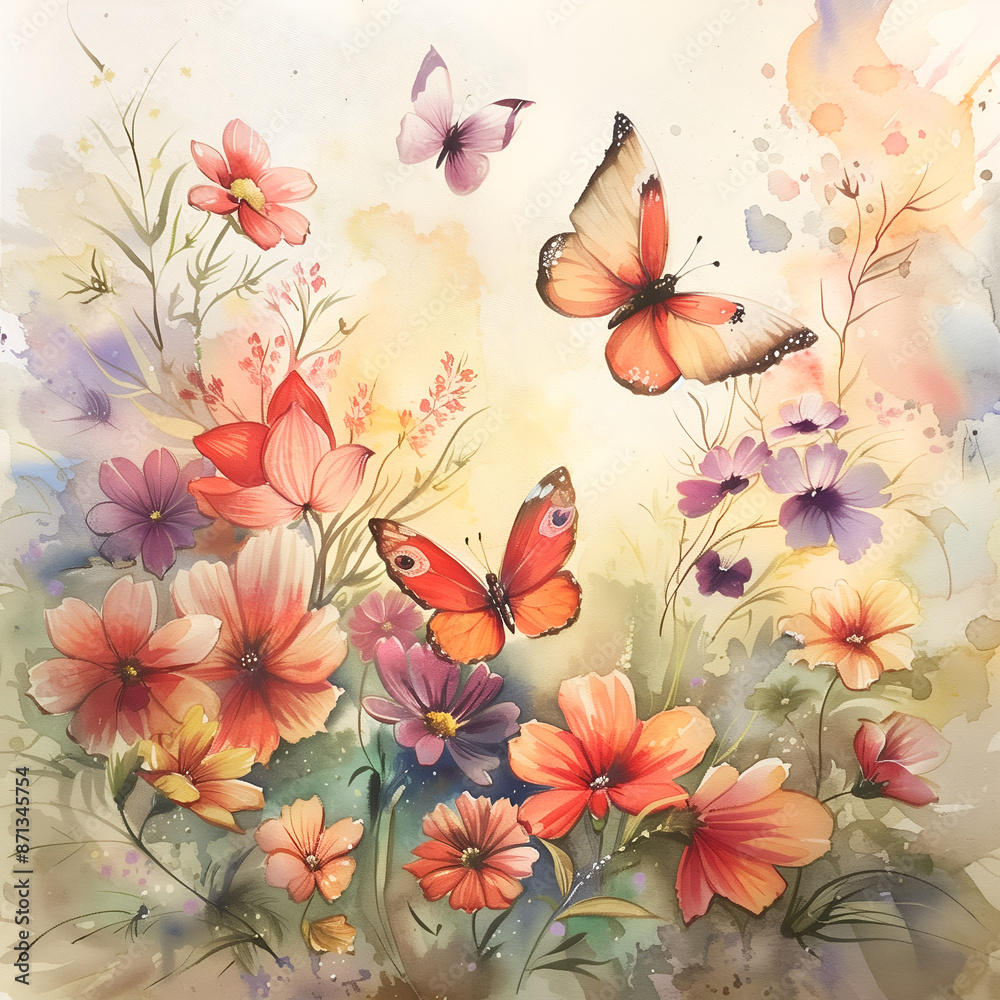 Obraz premium The watercolor painting of several butterflies flying in flowers garden.