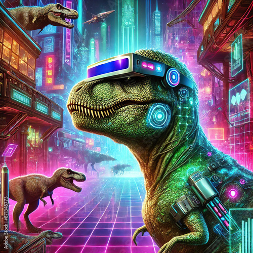 Fototapeta Naklejka Na Ścianę i Meble -  T-Rex dinosaurs with VR headsets in neon-lit cyberpunk city