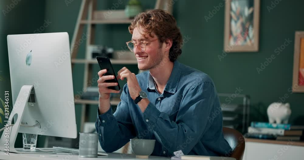 Funny meme, online and man with cellphone, office and break for comedy with internet and watch. Browse, video and entertainment in morning, creative and person with social media for streaming Funny meme, online and man with cellphone, office and break for comedy with internet and watch. Browse, video and entertainment in morning, creative and person with social media for streaming