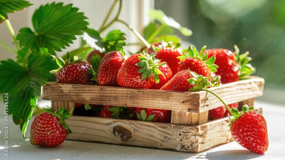 Fresh, ripe strawberries in a wooden crate, basking in sunlight. Perfect for healthy eating and summer vibes. Fresh, ripe strawberries in a wooden crate, basking in sunlight. Perfect for healthy eating and summer vibes.