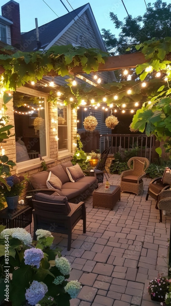 Obraz premium Cozy Backyard Patio with String Lights for Christmas. Warm Garden Outdoor Leisure with Comfortable Furniture, Lush Green Plants, and Relaxed Ambiance for Summer Nights and Team Building Events. AI-Gen