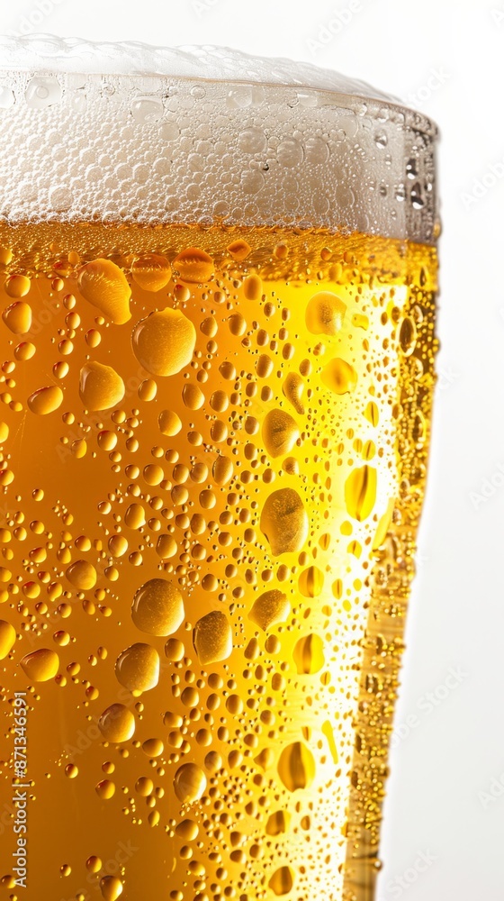 Close-up of a frosty beer glass with condensation and foam on white background Close-up of a frosty beer glass with condensation and foam on white background