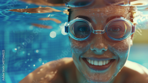 Close-up of a smiling face underwater, wearing blue goggles, in a bright swimming pool.