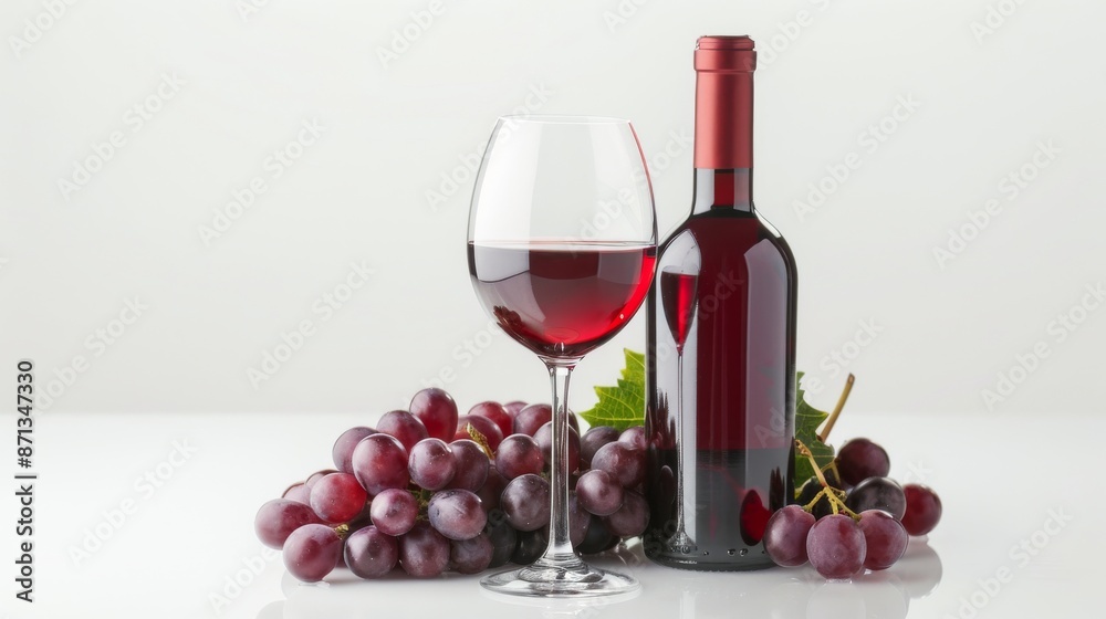 Obraz premium Red wine bottle and glass with grapes on white background, studio shot. Winery and viticulture concept