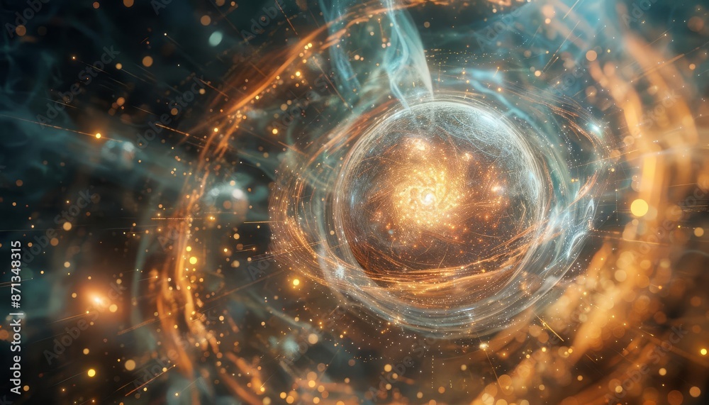 Abstract image of a cosmic nebula with swirling golden and blue lights, showcasing the beauty and mystery of outer space. Abstract image of a cosmic nebula with swirling golden and blue lights, showcasing the beauty and mystery of outer space.