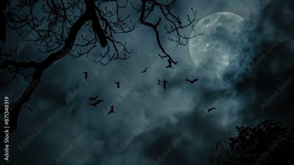 Moonlit night with bats flying, Halloween flat design, front view, eerie theme, water color, Triadic Color Scheme Moonlit night with bats flying, Halloween flat design, front view, eerie theme, water color, Triadic Color Scheme