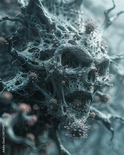 Abstract dark organic structure with web-like patterns, emphasizing eerie and mysterious atmosphere. Conceptual digital art. photo