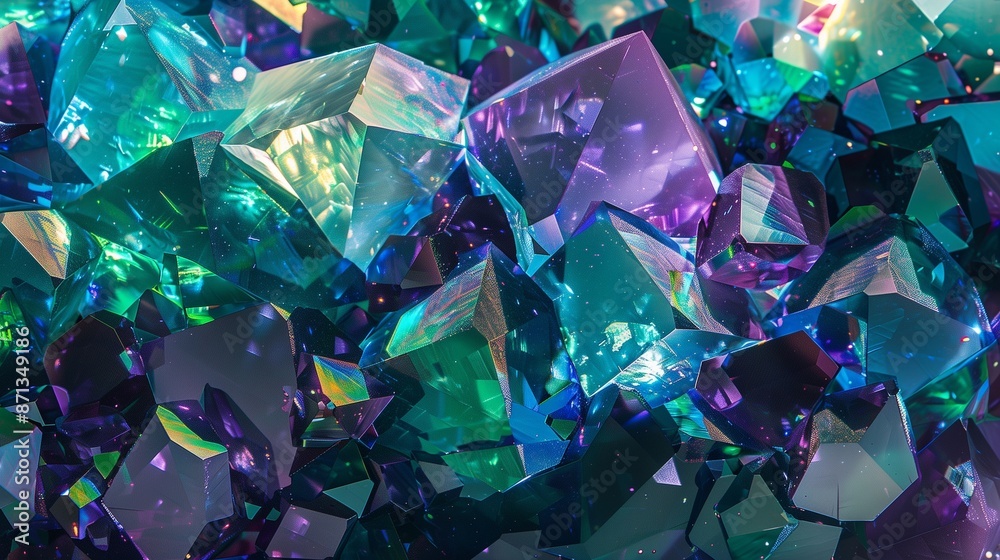 Iridescent emerald amethyst surreal refracting prism shards Iridescent emerald amethyst surreal refracting prism shards