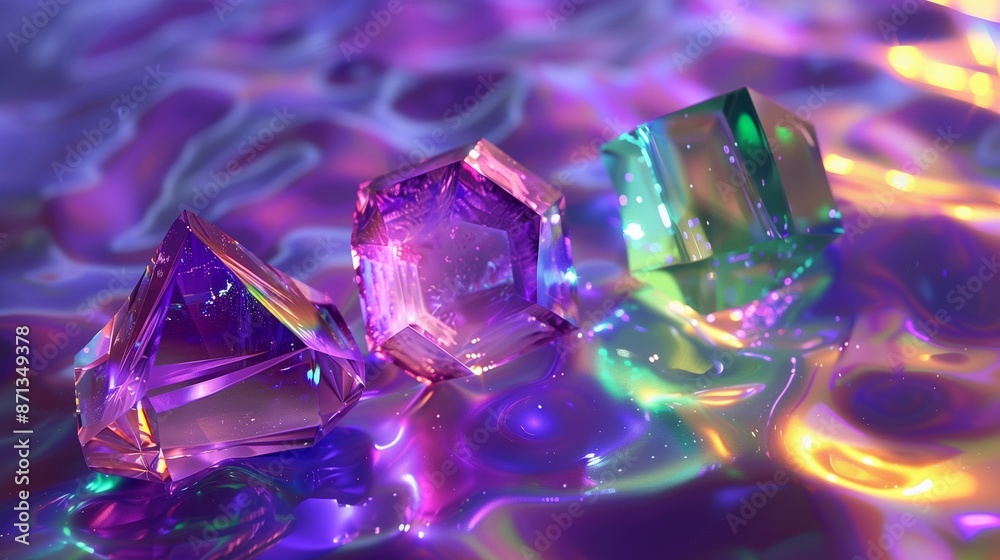 Iridescent prism amethyst emerald refracting light surreal Iridescent prism amethyst emerald refracting light surreal
