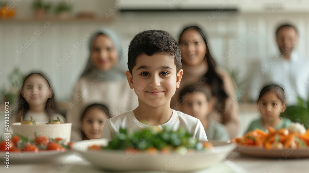 A happy family enjoying a healthy meal together at home, focusing on the smiling boy in the foreground with fresh vegetables on the table. A happy family enjoying a healthy meal together at home, focusing on the smiling boy in the foreground with fresh vegetables on the table.