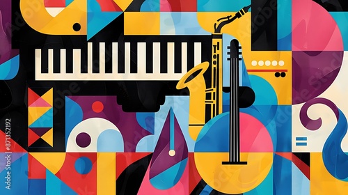 a graphic concert poster featuring a piano, saxophone, and guitar on a vibrant geometric design