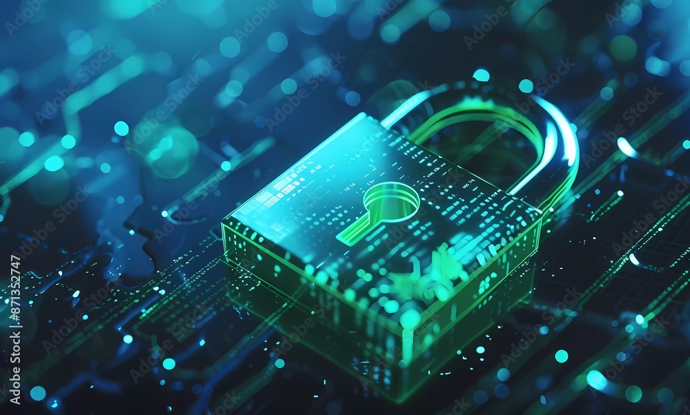 3D illustration of a green padlock icon on a blue digital background ...