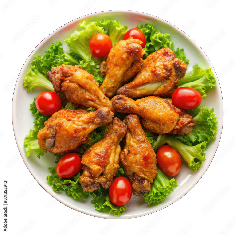 Fried chicken wings with tomatoes and lettuce on white plate on transparent Fried chicken wings with tomatoes and lettuce on white plate on transparent