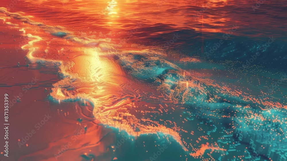 Fototapeta premium Stunning ocean sunset with vibrant colors reflecting on the water, creating a mesmerizing and serene coastal scene.