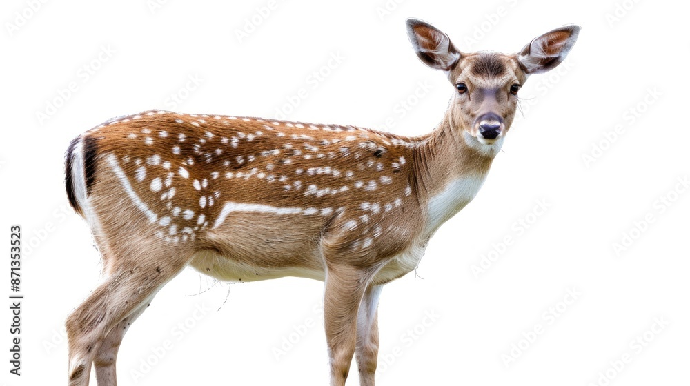 A white tailed deer is standing in front of a Png background, a white-tailed deer isolated on white background A white tailed deer is standing in front of a Png background, a white-tailed deer isolated on white background