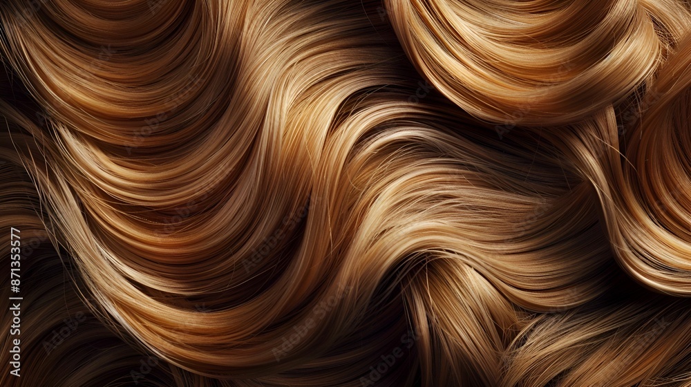 A close-up image of wavy, flowing, golden-brown hair showcasing its smooth and silky texture. A close-up image of wavy, flowing, golden-brown hair showcasing its smooth and silky texture.