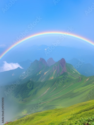 Majestic rainbow over rugged mountain range, Natural splendor and serenity