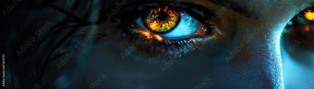 Fototapeta premium Close-up of a piercing, fiery eye with intricate details, capturing a sense of intensity and mystery.