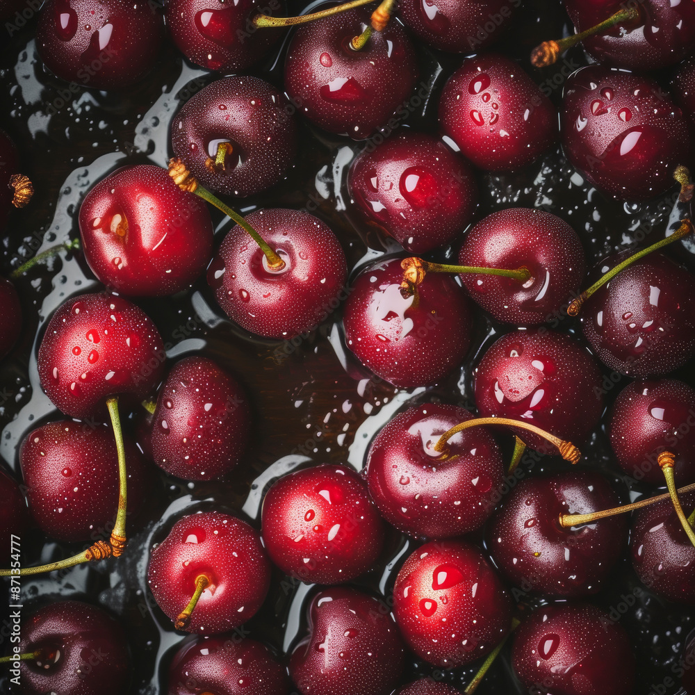 Overhead Shot with visible Water Drops. Close up of cherries. Overhead Shot with visible Water Drops. Close up of cherries.