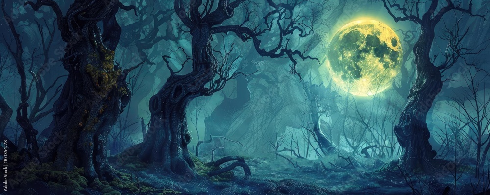 Obraz premium Eerie moonlit forest with twisted, bare trees creating a haunting atmosphere under a glowing full moon on a misty night.