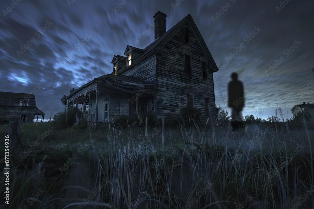 Eerie abandoned house at night with a shadowy figure on the lawn, under a cloudy sky, evoking a chilling and mysterious atmosphere. Eerie abandoned house at night with a shadowy figure on the lawn, under a cloudy sky, evoking a chilling and mysterious atmosphere.