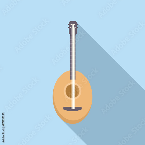 Round acoustic guitar casting a long shadow over a blue background, minimalist design concept for music, sound, or stringed instruments