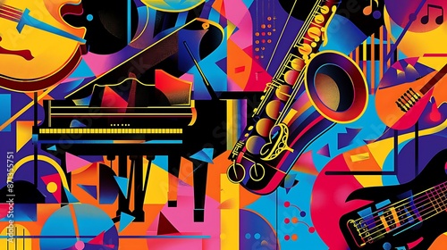a vibrant poster featuring a piano, saxophone, and guitar with abstract orchestra graphics